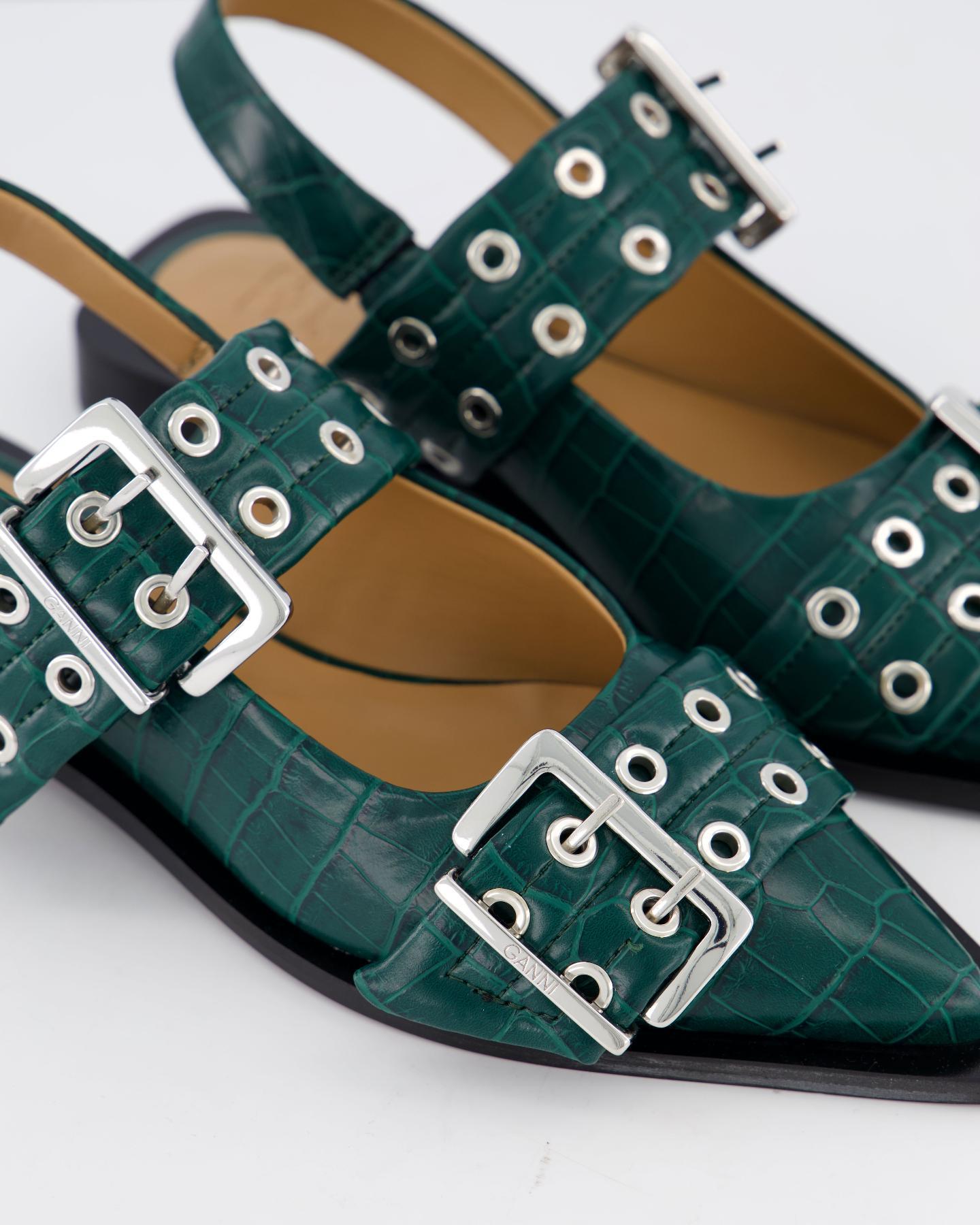 Ganni Thick Buckle Ballet Shoes In Green