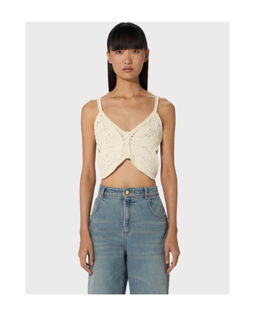 Blumarine Butterfly Sleeveless Crop Top In White