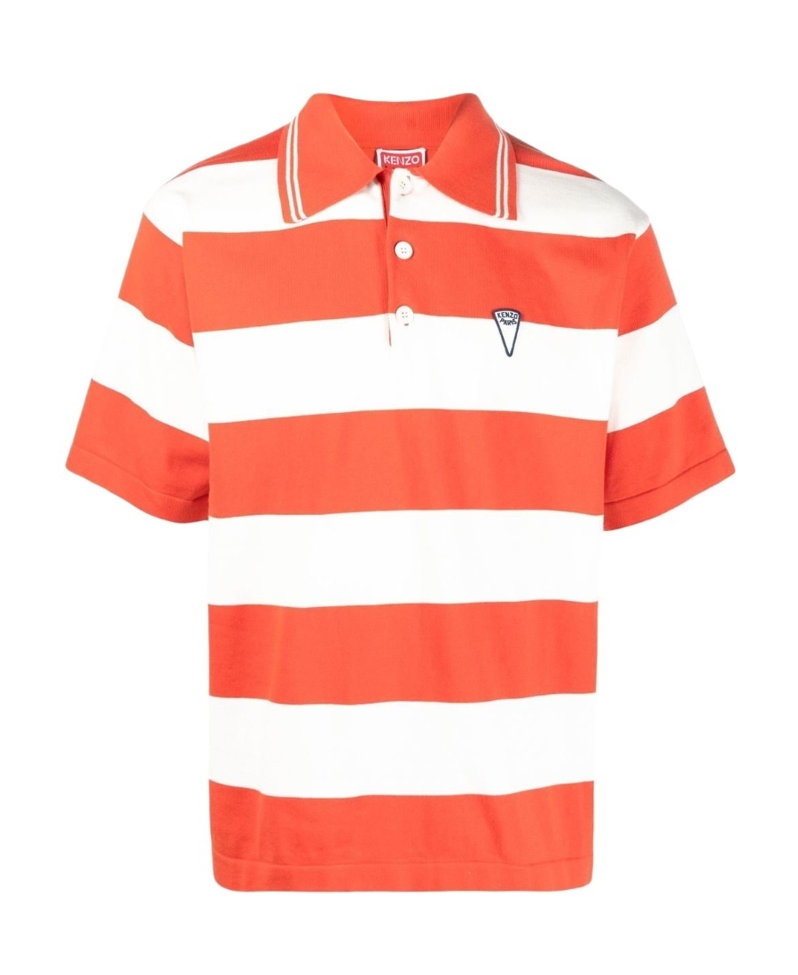 Kenzo White And Red Polo T-shirt With Embroidered Logo In Orange