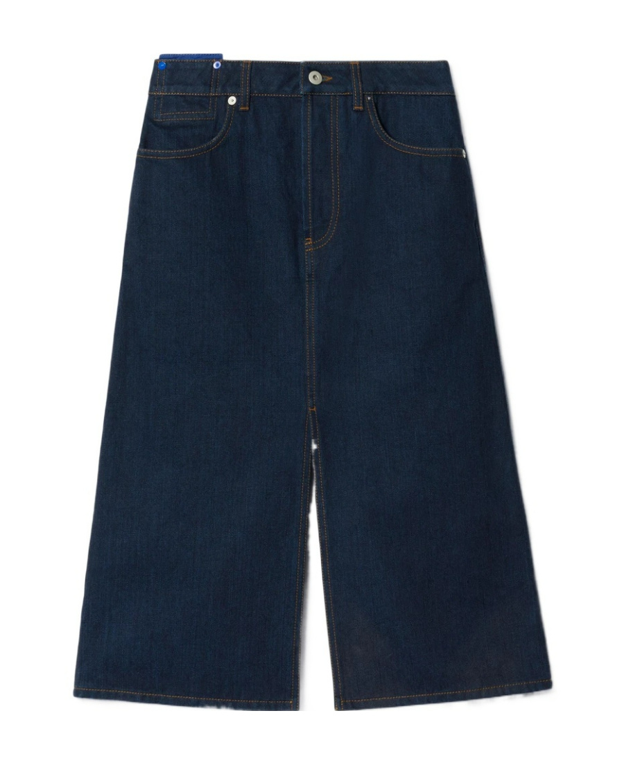 Shop Burberry Japanese Denim Midi Skirt In Blue