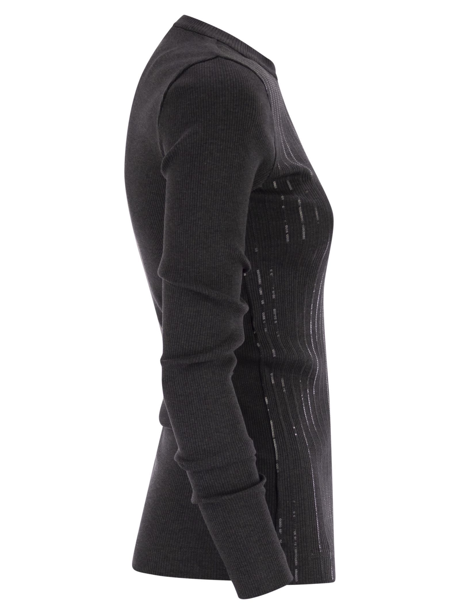 Brunello Cucinelli Cotton Jersey T-shirt With Dazzling Chalk Stripe Embroidery In Black