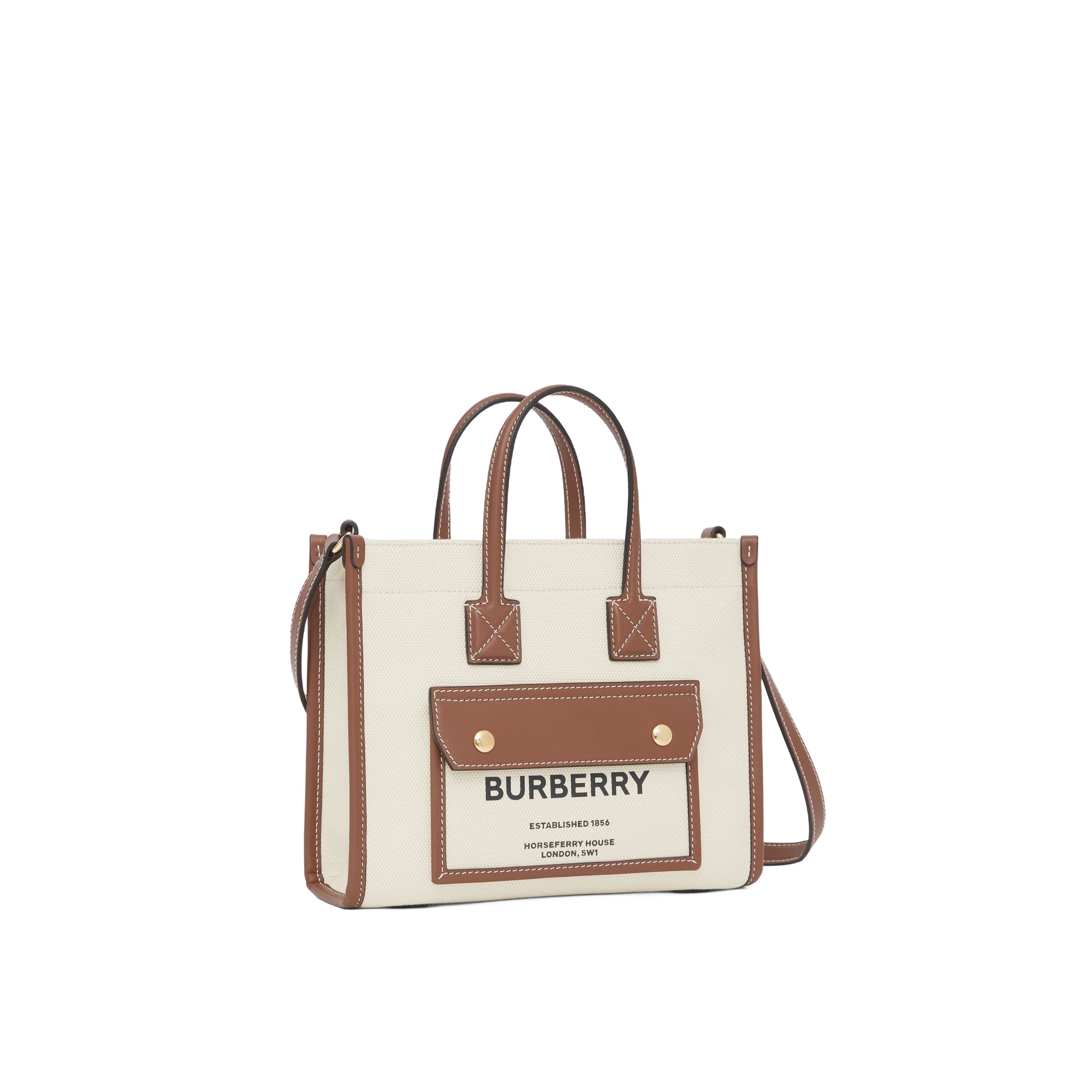 Burberry Frey Rectangular Cotton Shoulder Bag With Leather Trim In Nude