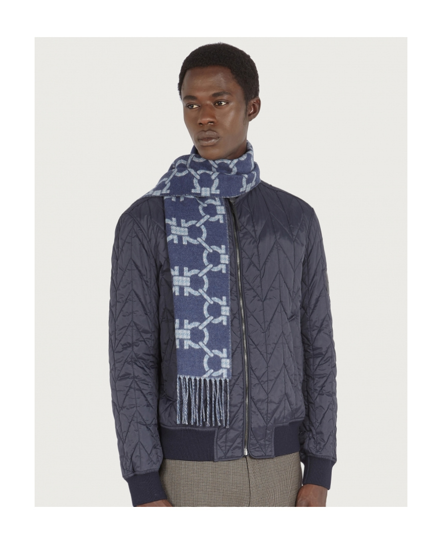 Ferragamo Wool Scarf With Fringe Detail And Geometric Pattern In Blue
