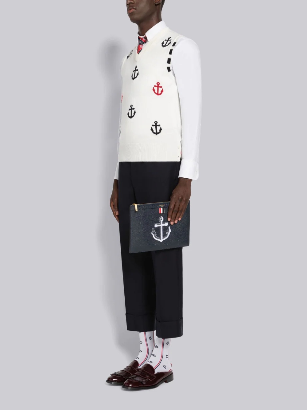 Thom Browne Anchor Embroidered Clutch In White
