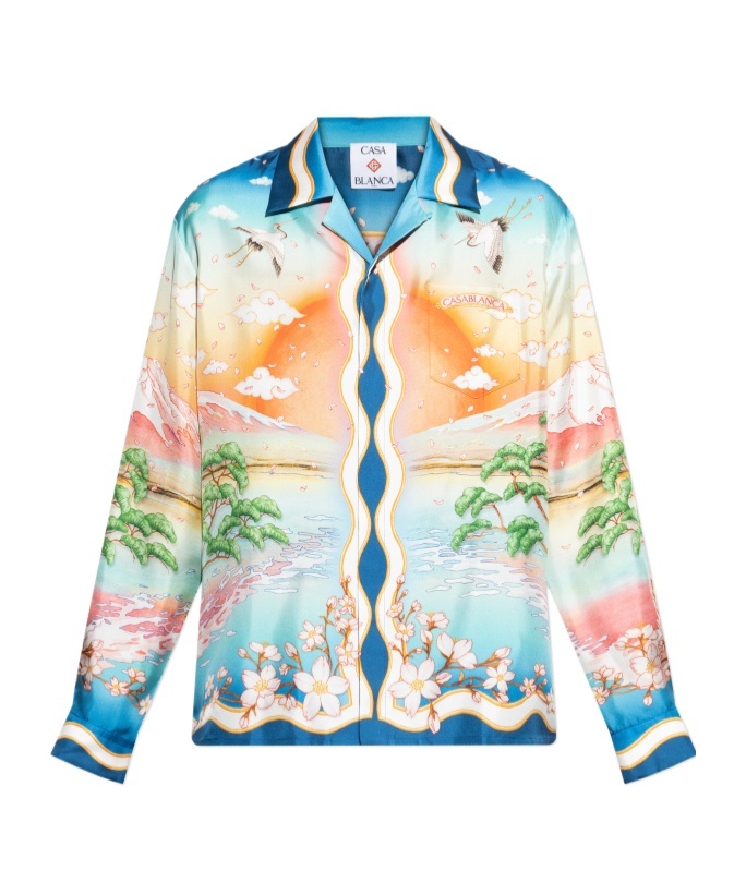 Casablanca Tennis Club Convertible-collar Printed Silk-twill Shirt In Black