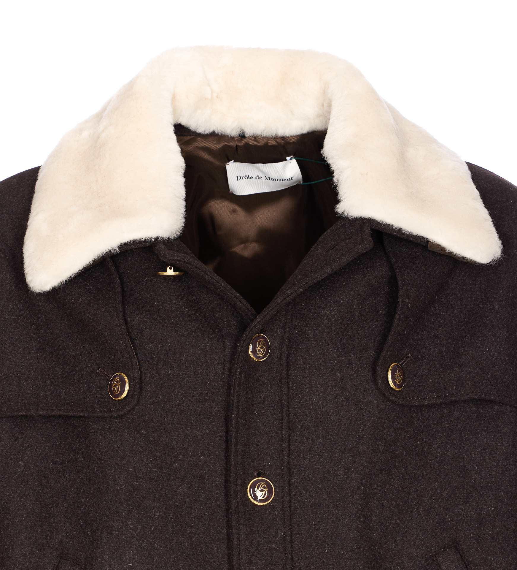 Drôle De Monsieur Long Sleeve Jacket With Faux Fur Collar In Brown