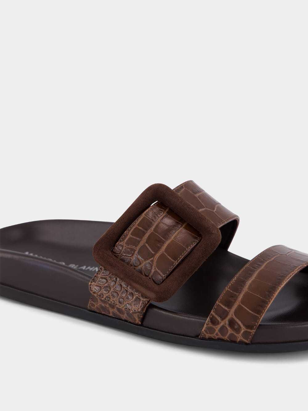 Shop Manolo Blahnik Brown Calf Leather Sandals In Black