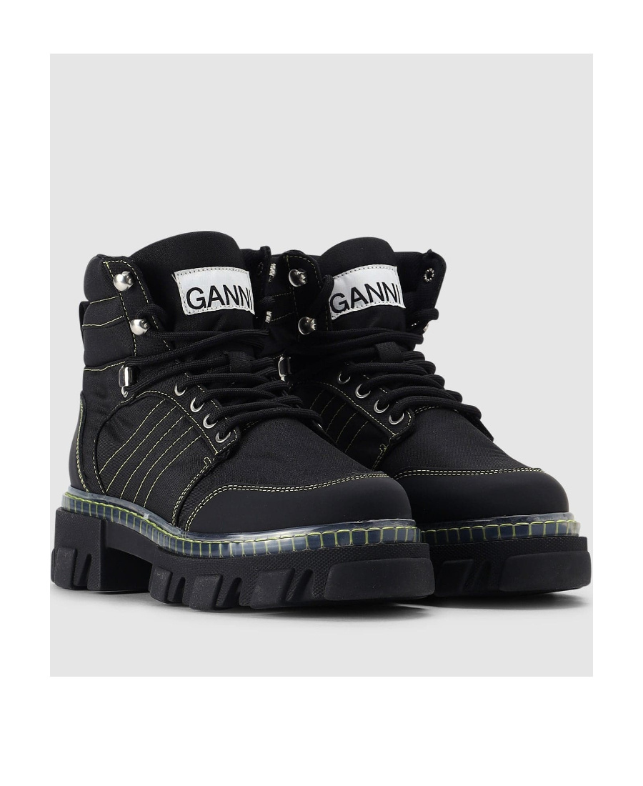 Ganni 50mm Recycled Fabric Hiking Boots In Black