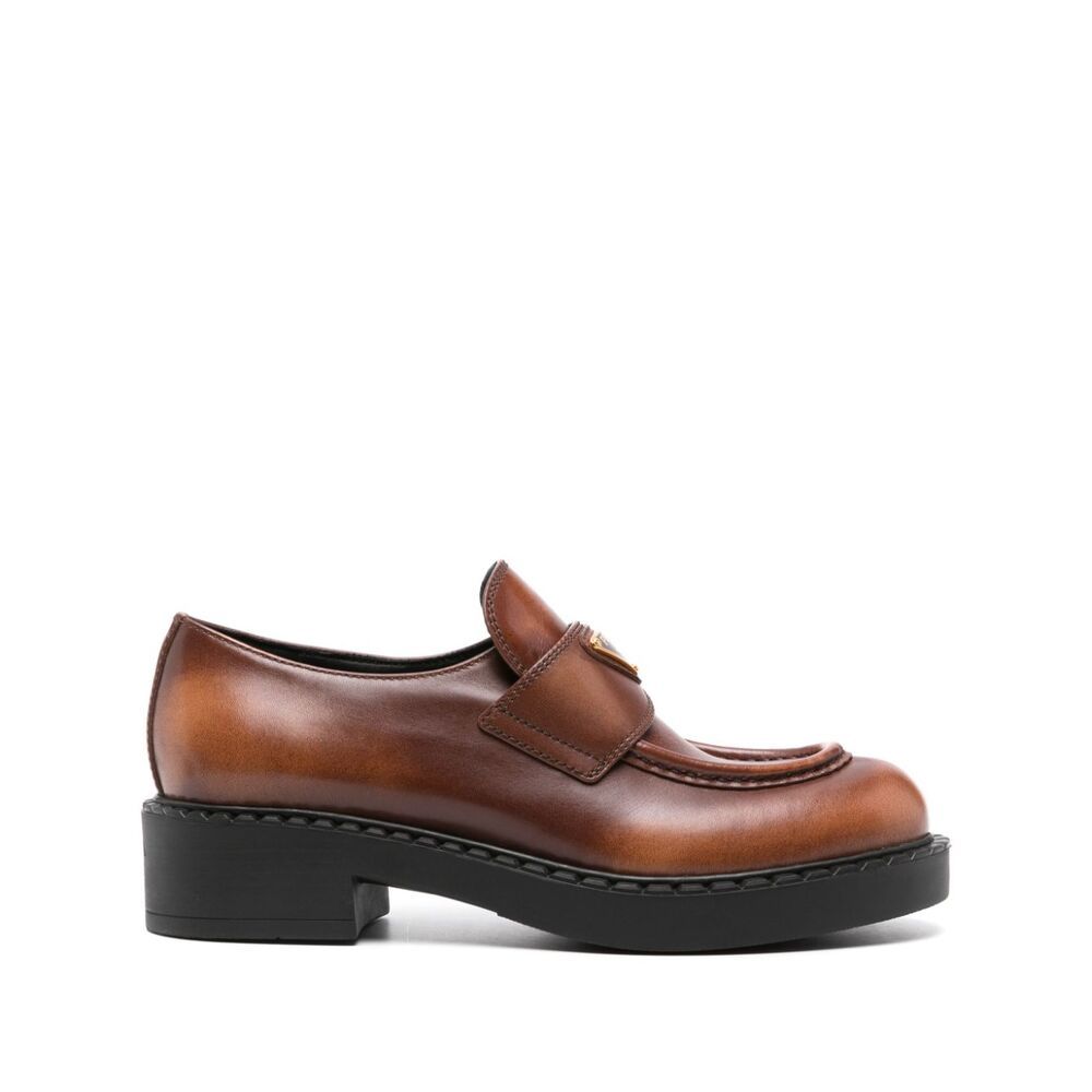 Prada Triangle-logo Leather Loafers In Brown