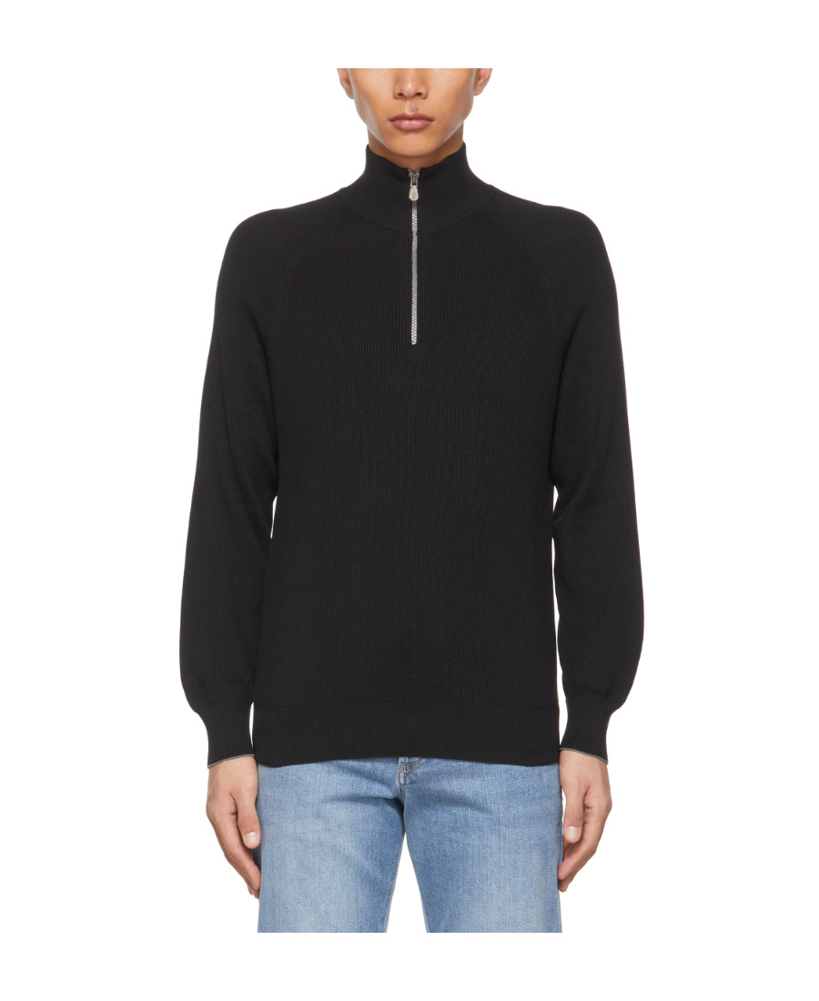 Brunello Cucinelli English Rib Cotton Sweater With Zip Opening And Raglan Sleeves In Black