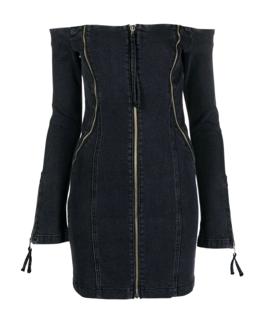 Blumarine Off-shoulder Zip-up Denim Dress In Black