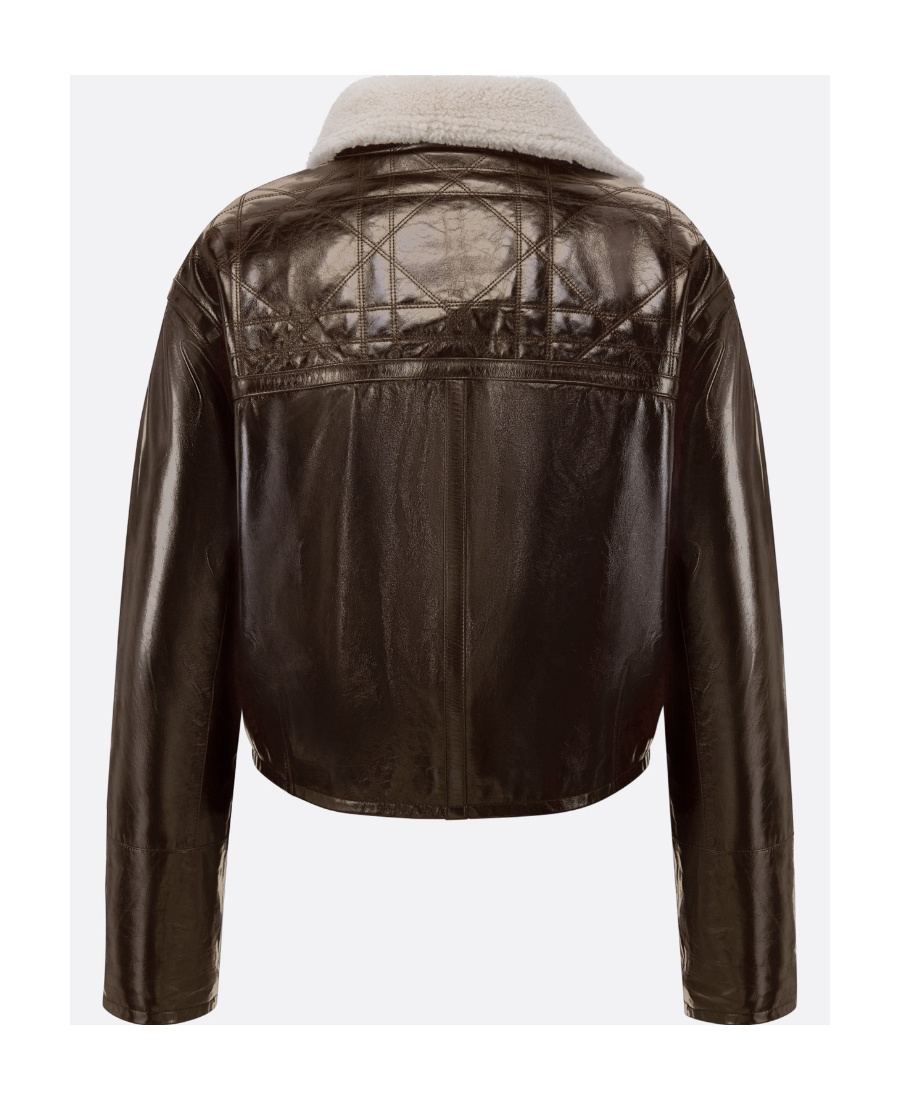 Dior Long-sleeved Leather Jacket With Wool Collar In Brown