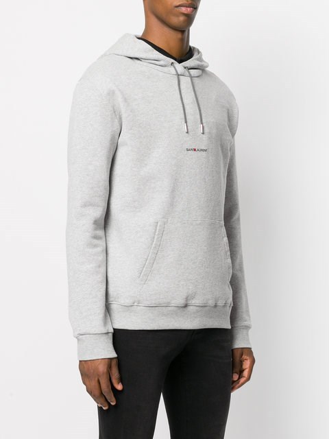 Saint Laurent Signature Logo Cropped Hooded Sweatshirt In Gray