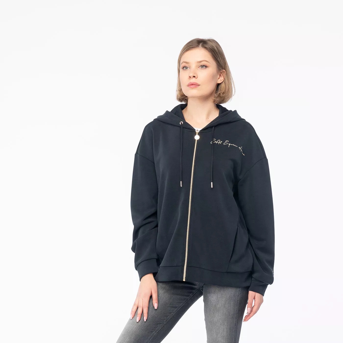 Ea7 Logo Hooded Zipper Sweatshirt In Black