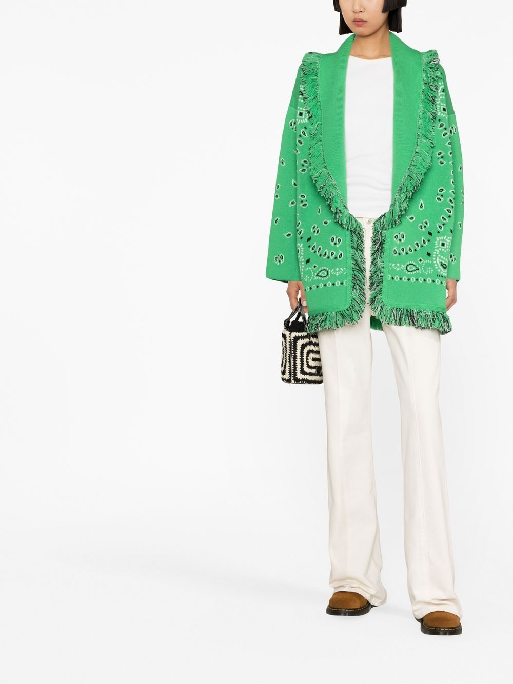 Alanui Jacquard Bandana Fringe Belted Cardigan In Green