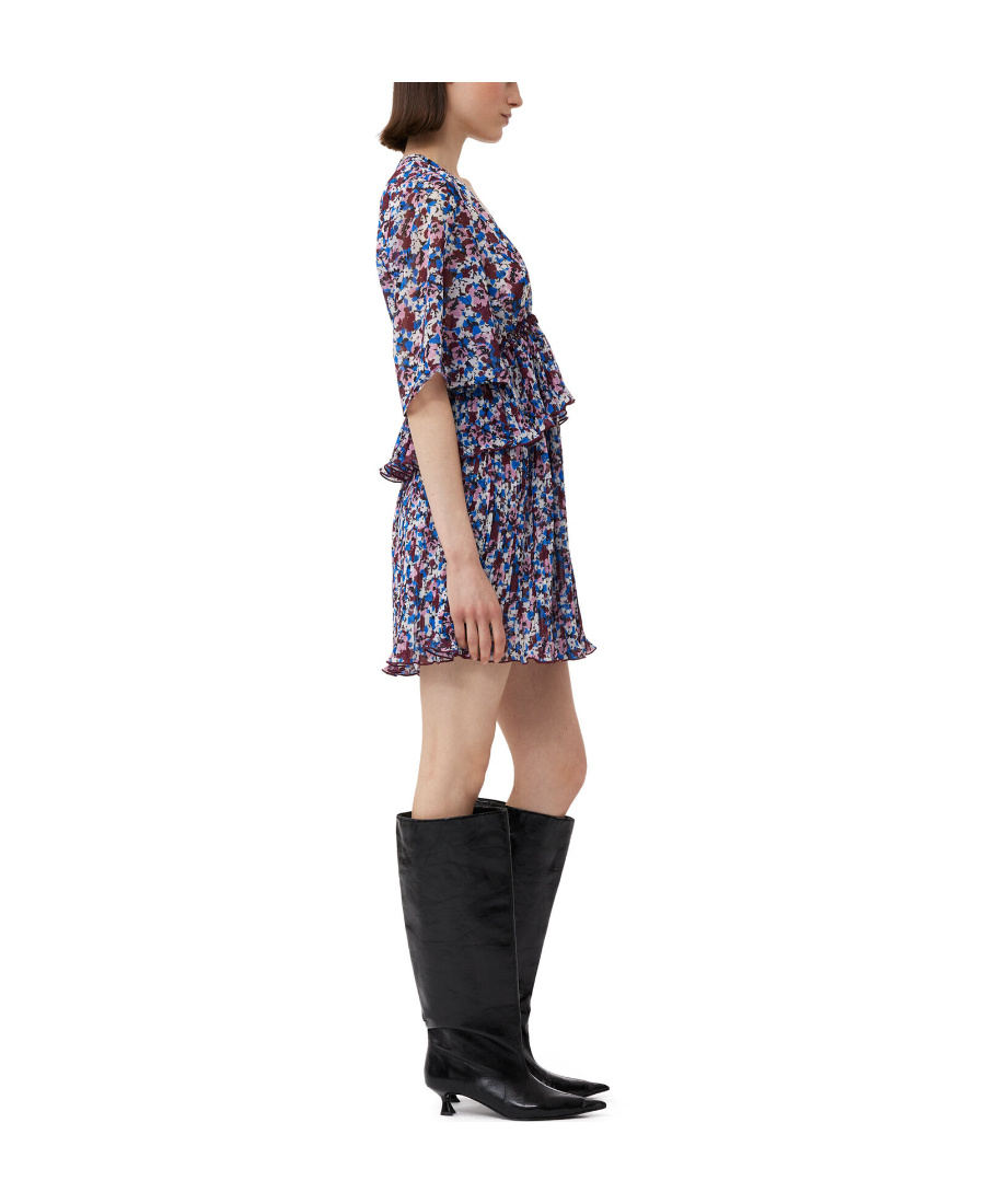 Ganni Pleated Mini Dress With Floral Motif In Multicolor