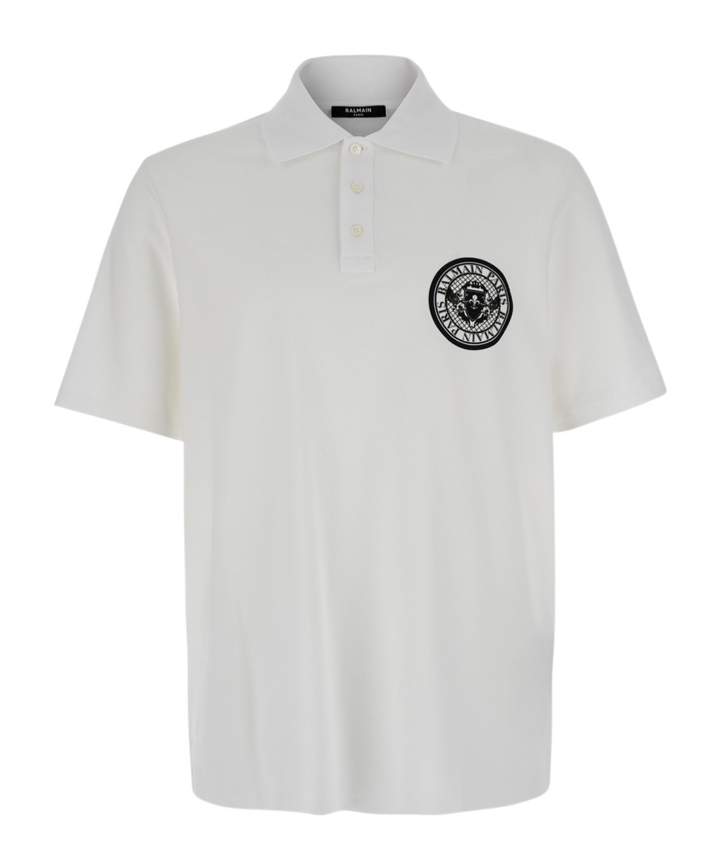 Balmain White Polo Shirt With Collar And Coin Print On The Front In Cotton Man In White