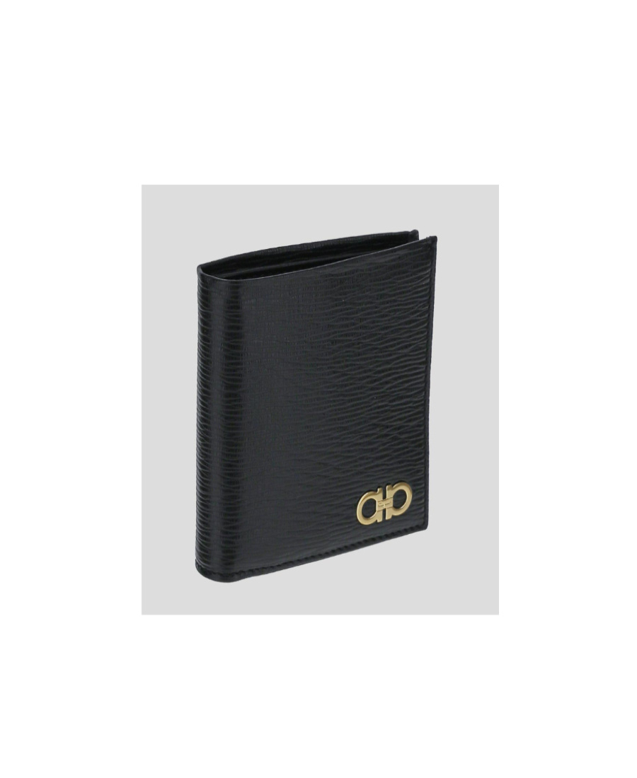 Ferragamo Black Cardholder With Gold-tone Gancini Logo In Calf Leather Man In Black