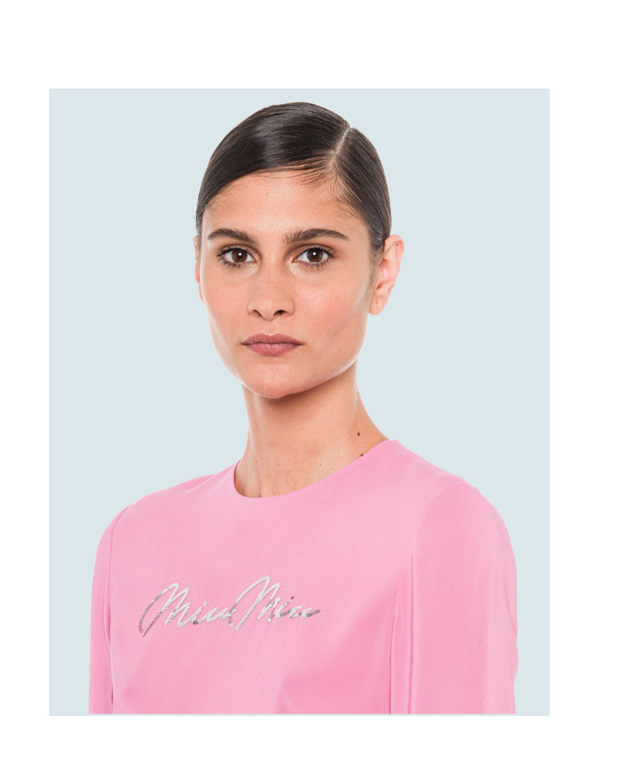 Miu Miu Sequinned-logo Georgette Cropped Top In Pink