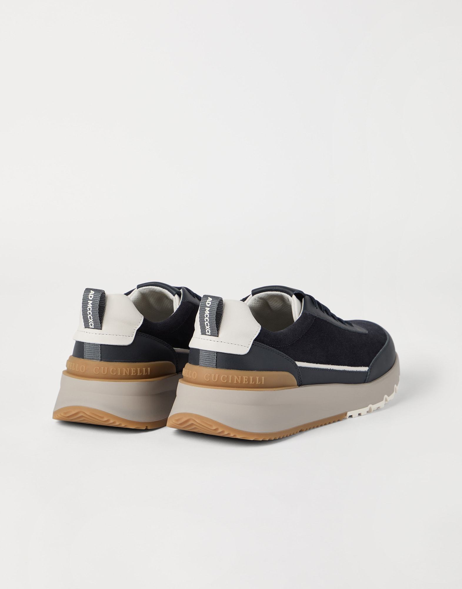 Brunello Cucinelli Suede And Smooth Material Flat Shoes With Contrasting Sole In Blue