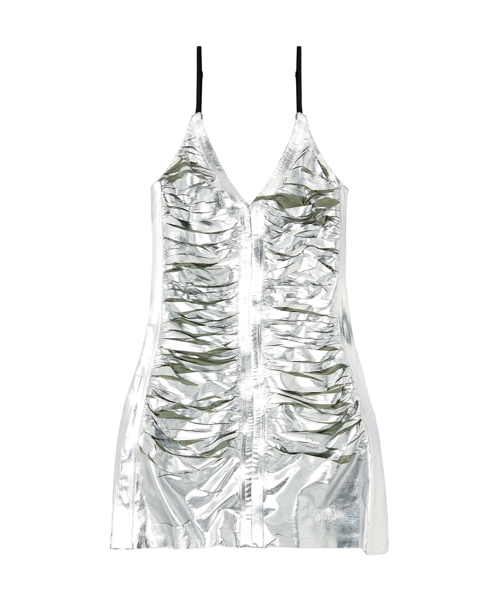 Diesel Shimmering Metallic Ruched V-neck Dress In White