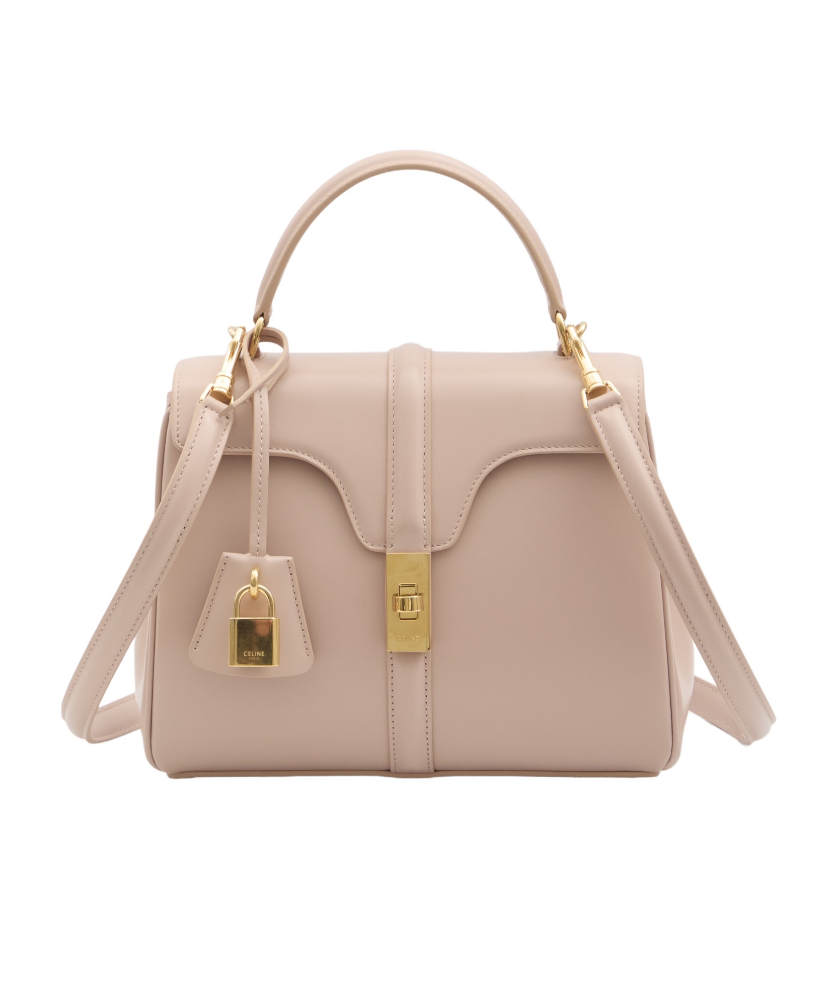 Celine 16 Small Satin Cowhide Leather Shoulder Bag In Nude