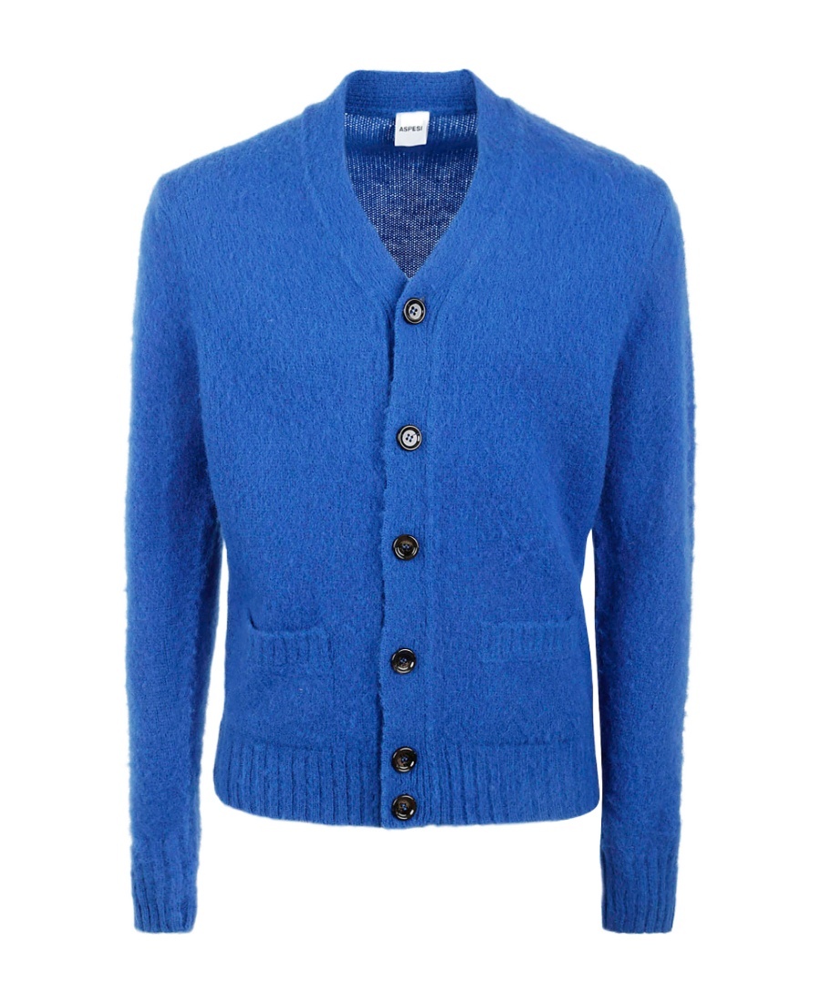 Aspesi Rib Trim Slim Buttoned Knit Cardigan In Blue