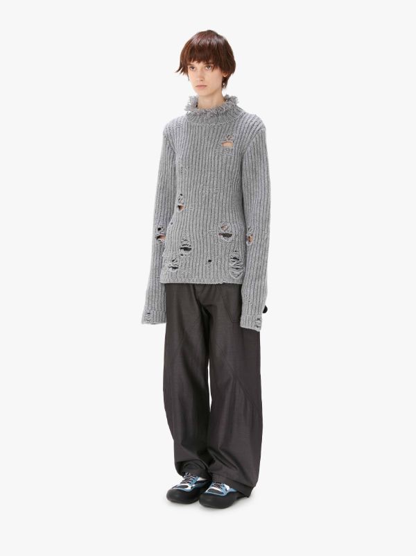 Jw Anderson Distressed-effect Merino-wool Jumper In Gray