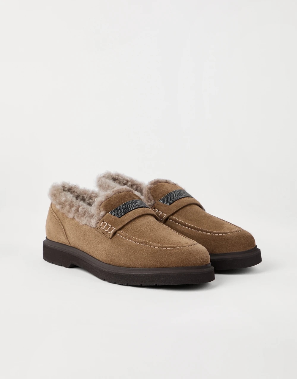 Brunello Cucinelli Monili Trim Genuine Shearling Lined Loafer In Brown