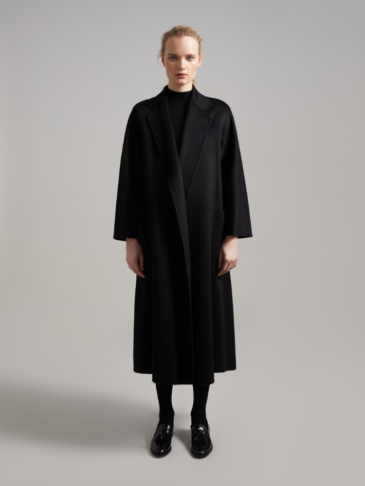 Max Mara Black Belted Long Coat With Notched Collar And Smooth Finish In Black