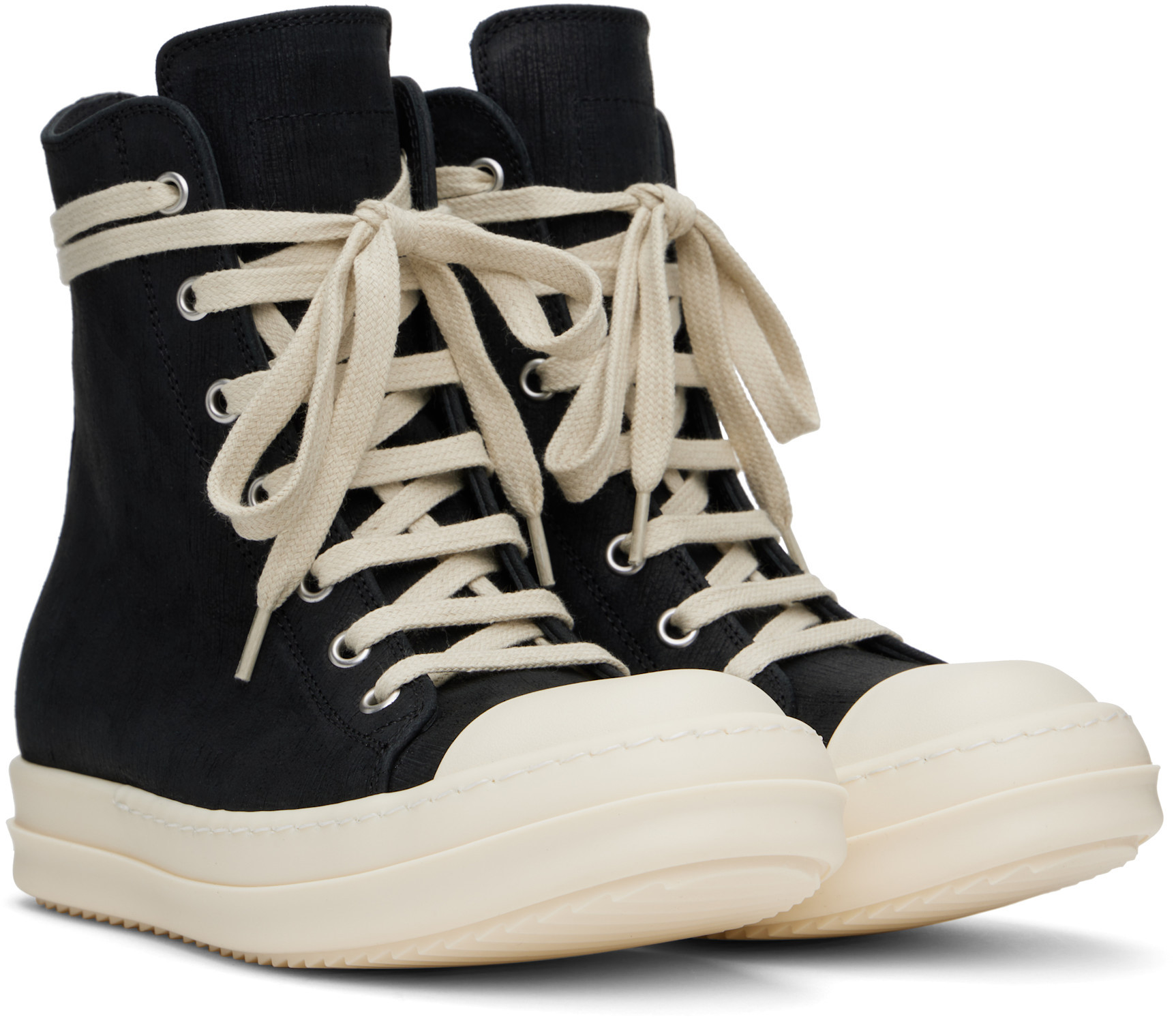 Rick Owens Black High Top Sneakers With Oversized Laces In Leather In Black