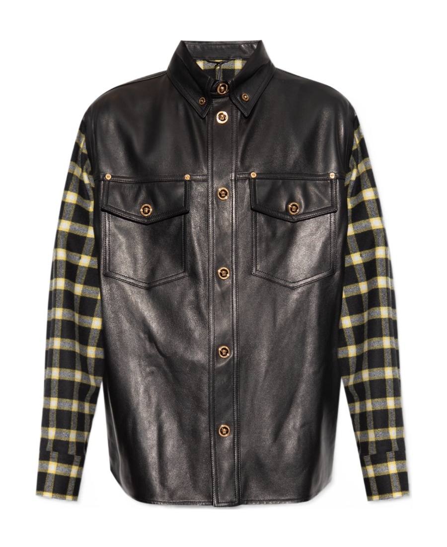 Versace Leather Shirt Checkered Sleeves In Black