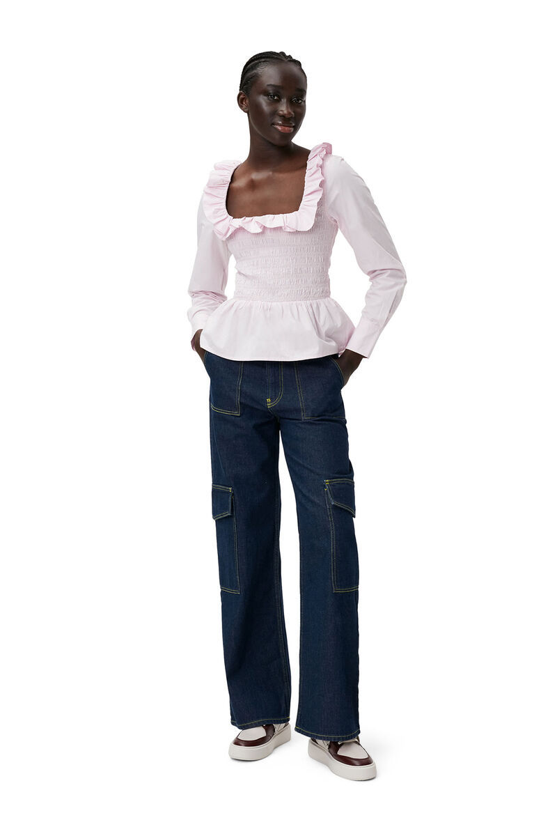 Shop Ganni Cotton Poplin Open-neck Smock Blouse In Pink