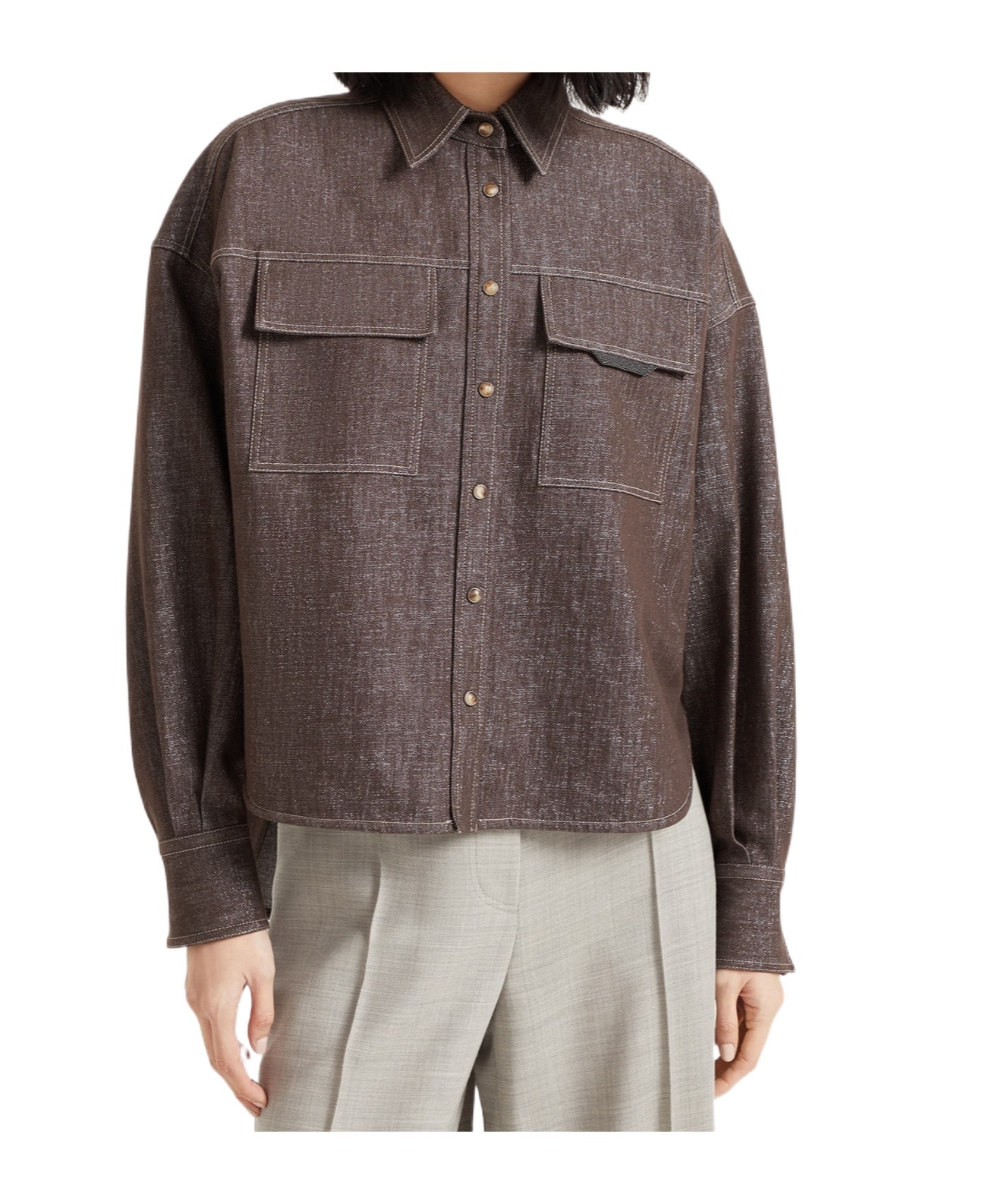 Brunello Cucinelli Cotton Blend Shirt Metallic Finish In Brown