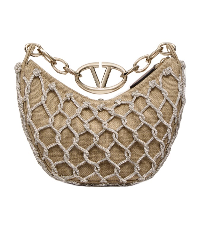 Valentino Vlogo Moon Mini Hobo Bag In Linen And Rhinestone Mesh With Chain In Brown