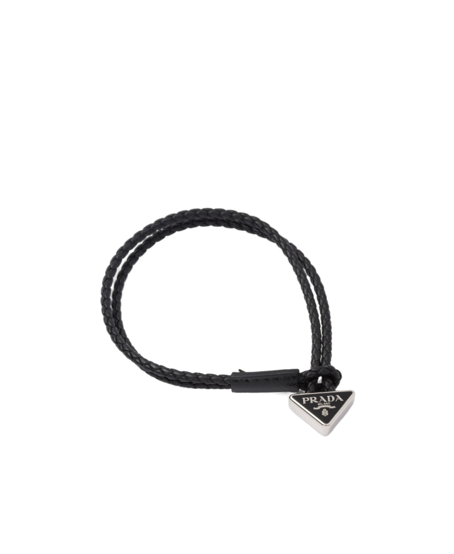 Prada Braided Logo Plaque Bracelet In Black
