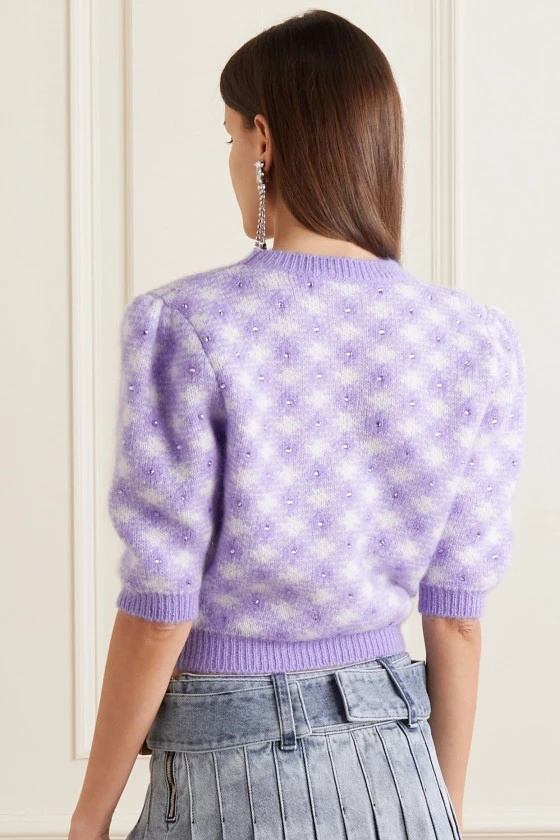 Alessandra Rich Check-pattern Rhinestone-embellished Knitted Top In Purple