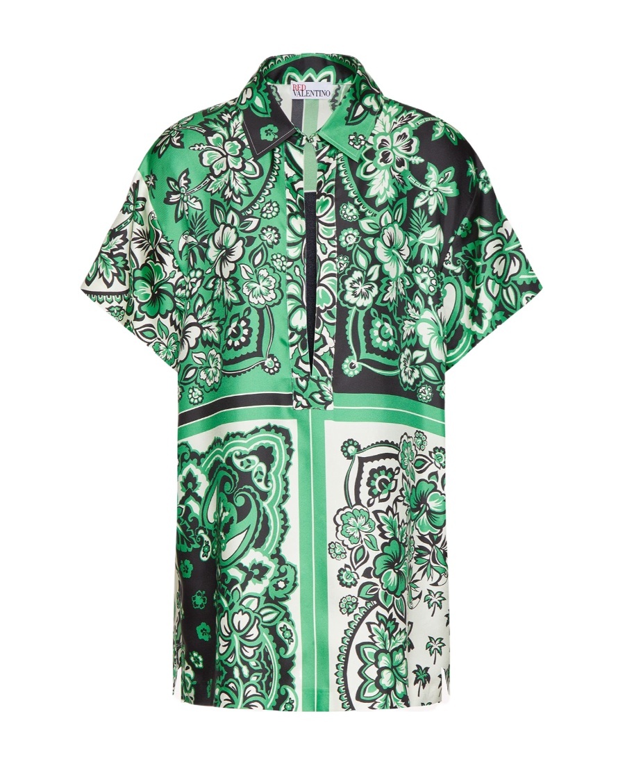 Red Valentino Floral Collared Short Sleeve Shirt In Green