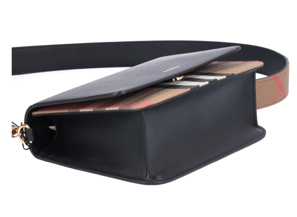 Shop Burberry Plaid Flip Shoulder Bag In Black