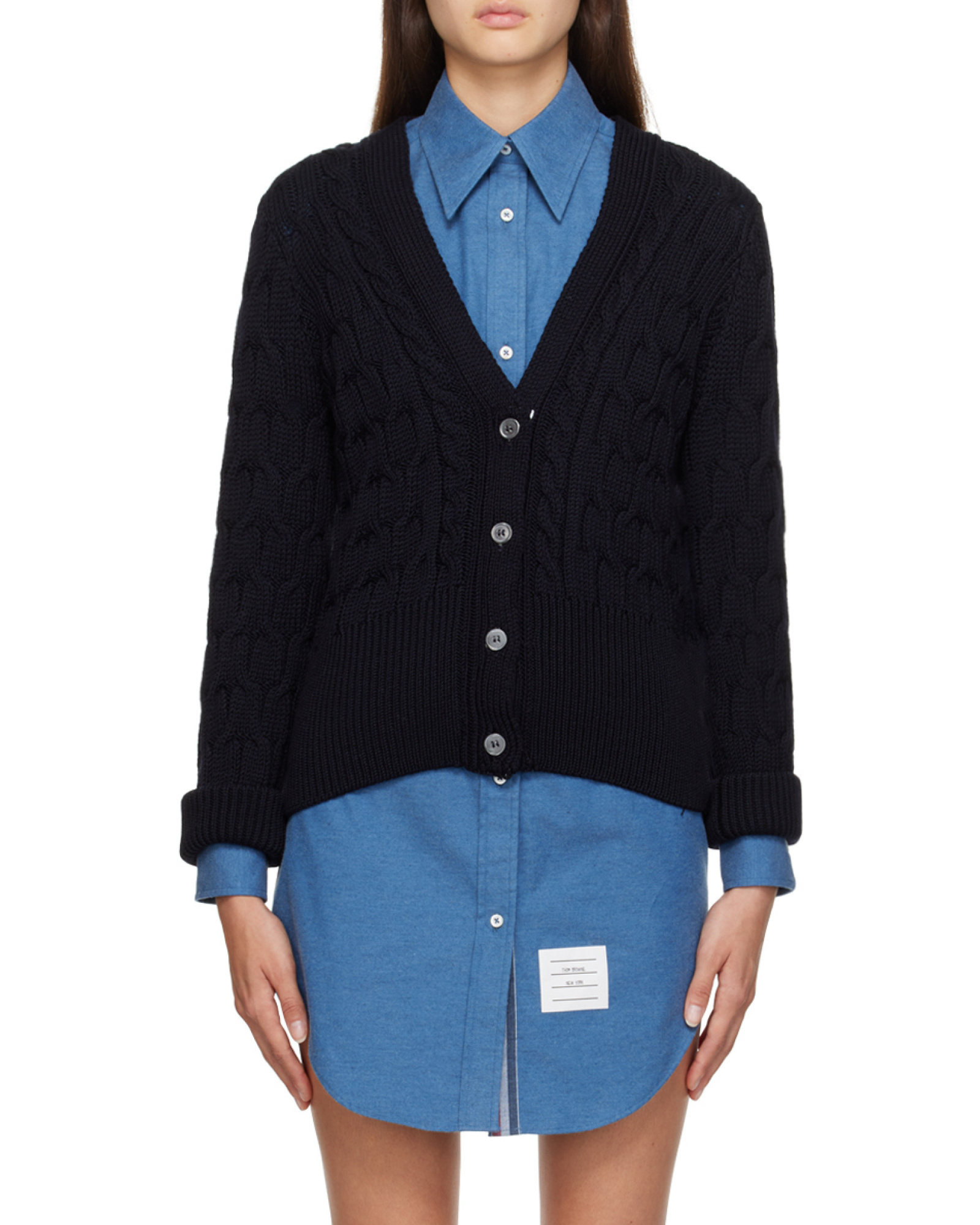 Thom Browne Cable Knit Wool Cardigan In Blue