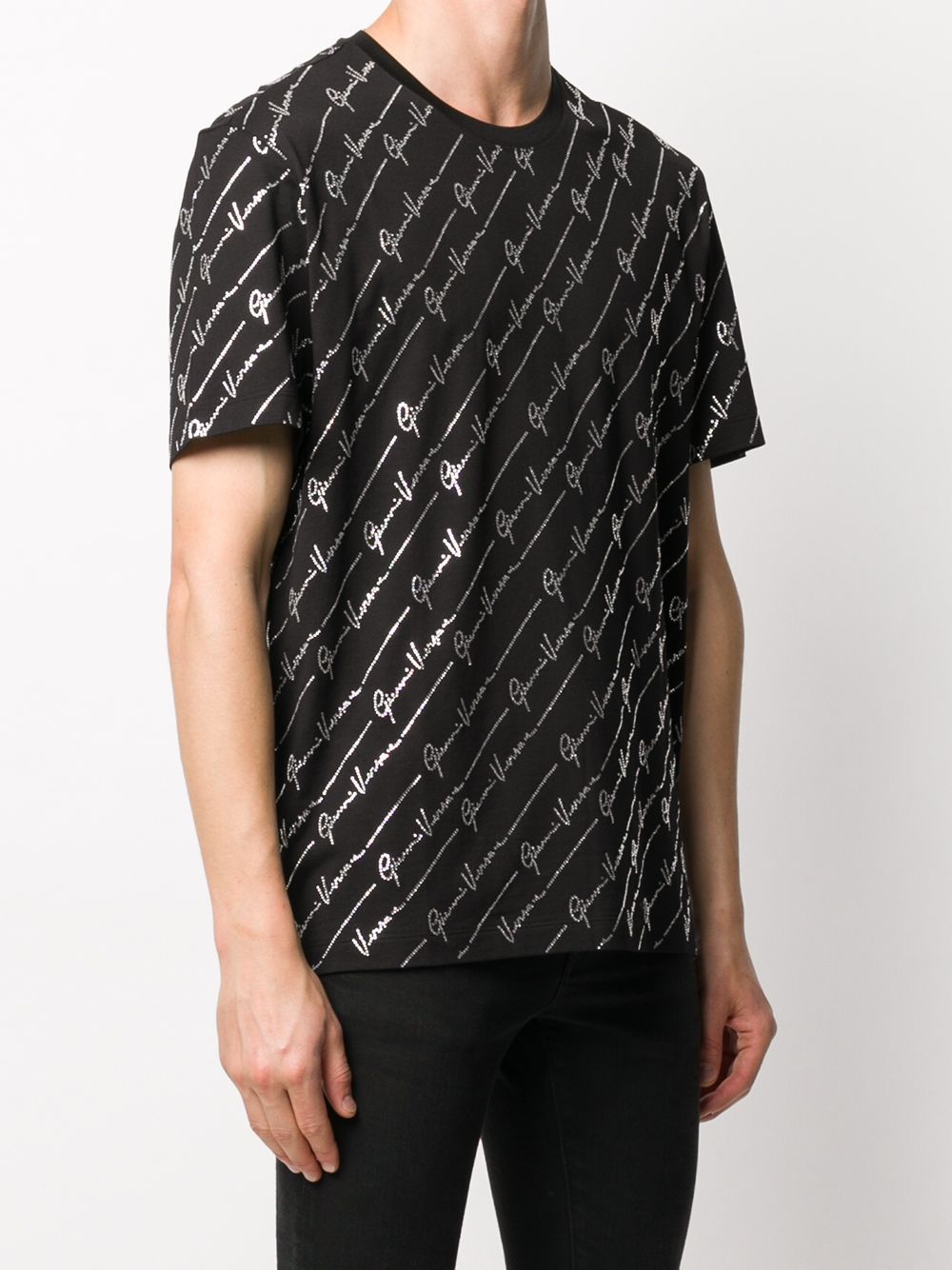 Versace Crystal Decorated Logo Inlaid T-shirt In Black