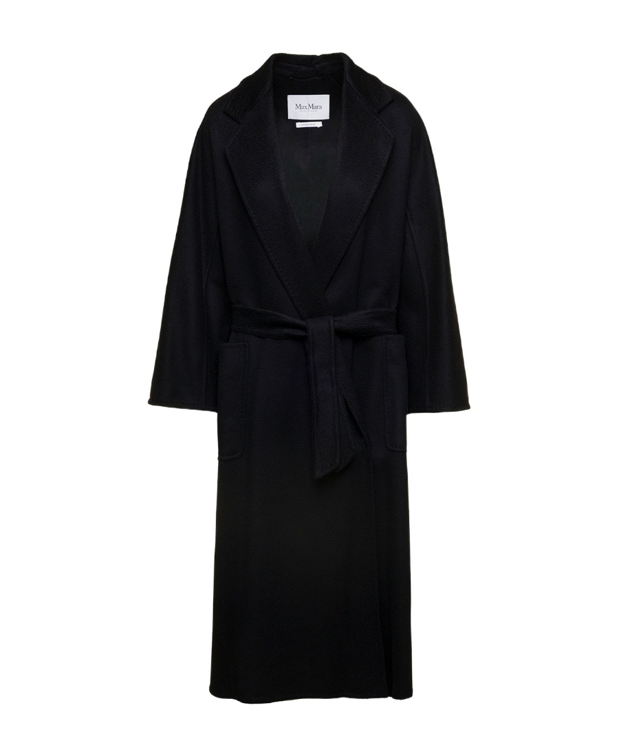 Max Mara Black Belted Long Coat With Notched Collar And Smooth Finish In Black