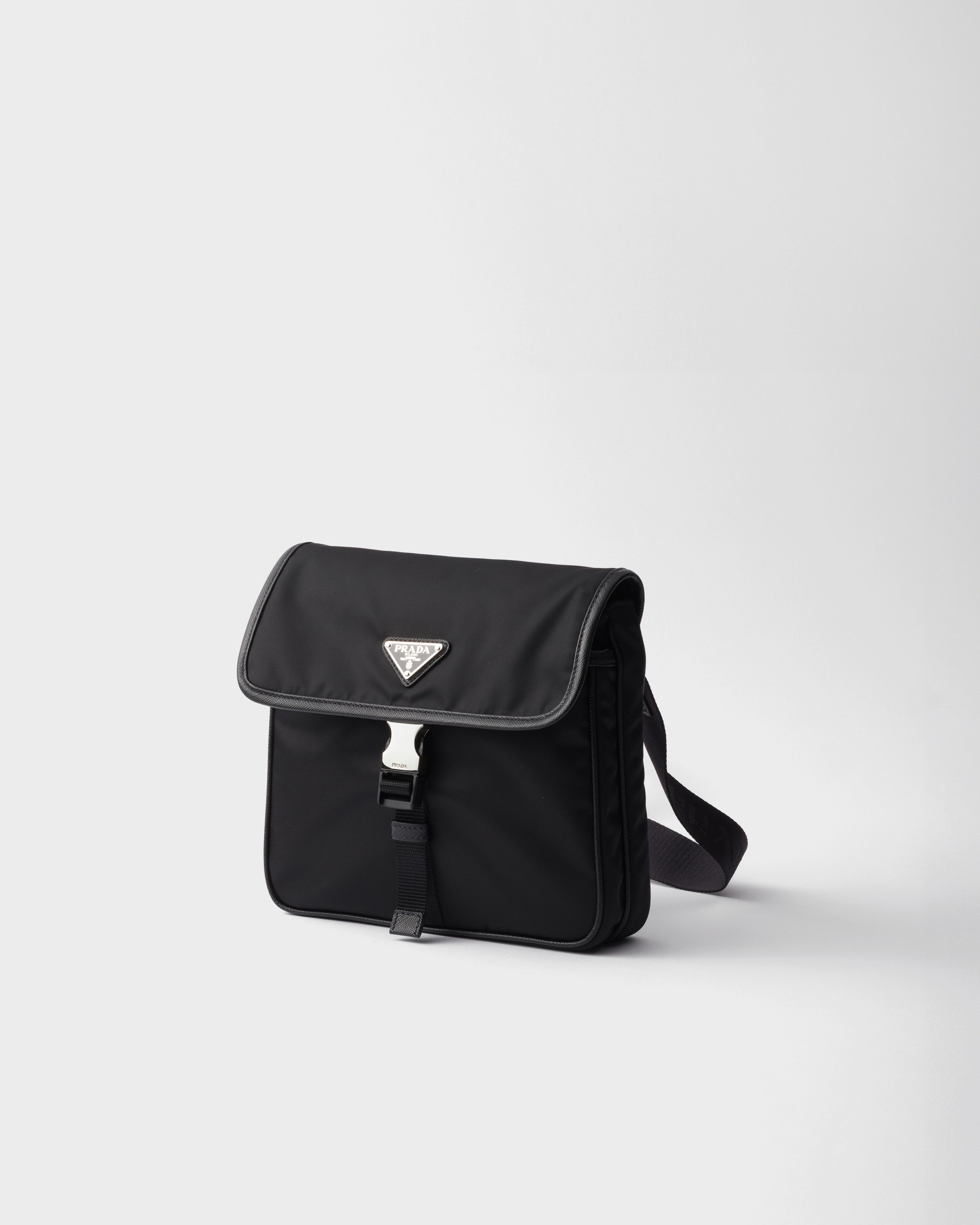 Prada Fabric Leather Shoulder Bag Adjustable Strap Front Flap In Black