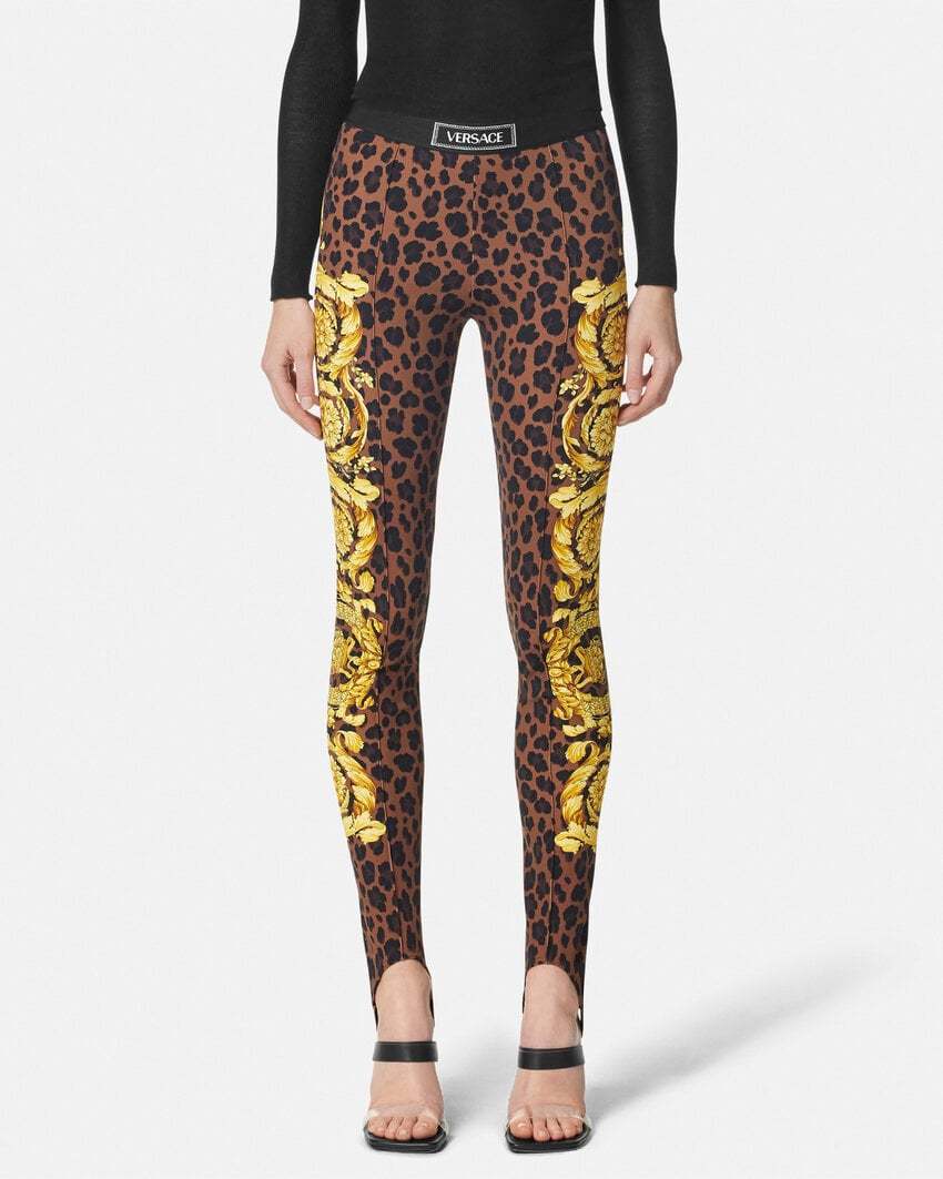Versace Wild Barocco-print Stirrup Leggings In Brown