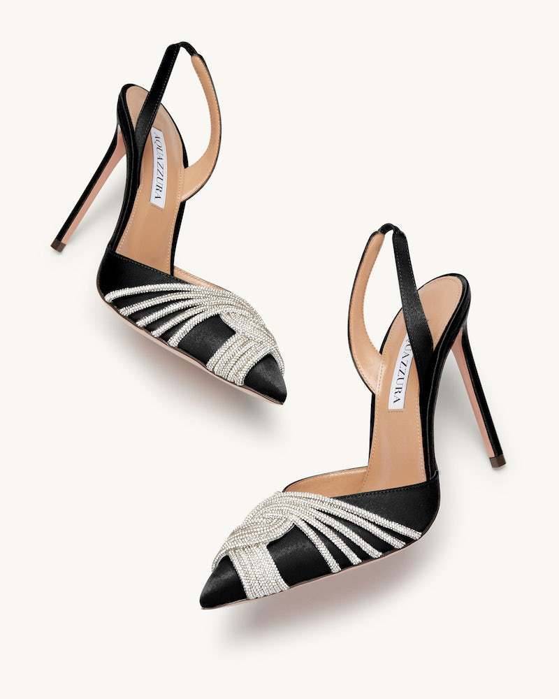 Aquazzura Gatsby 105 Crystal-embellished Satin Slingback Pumps In Black
