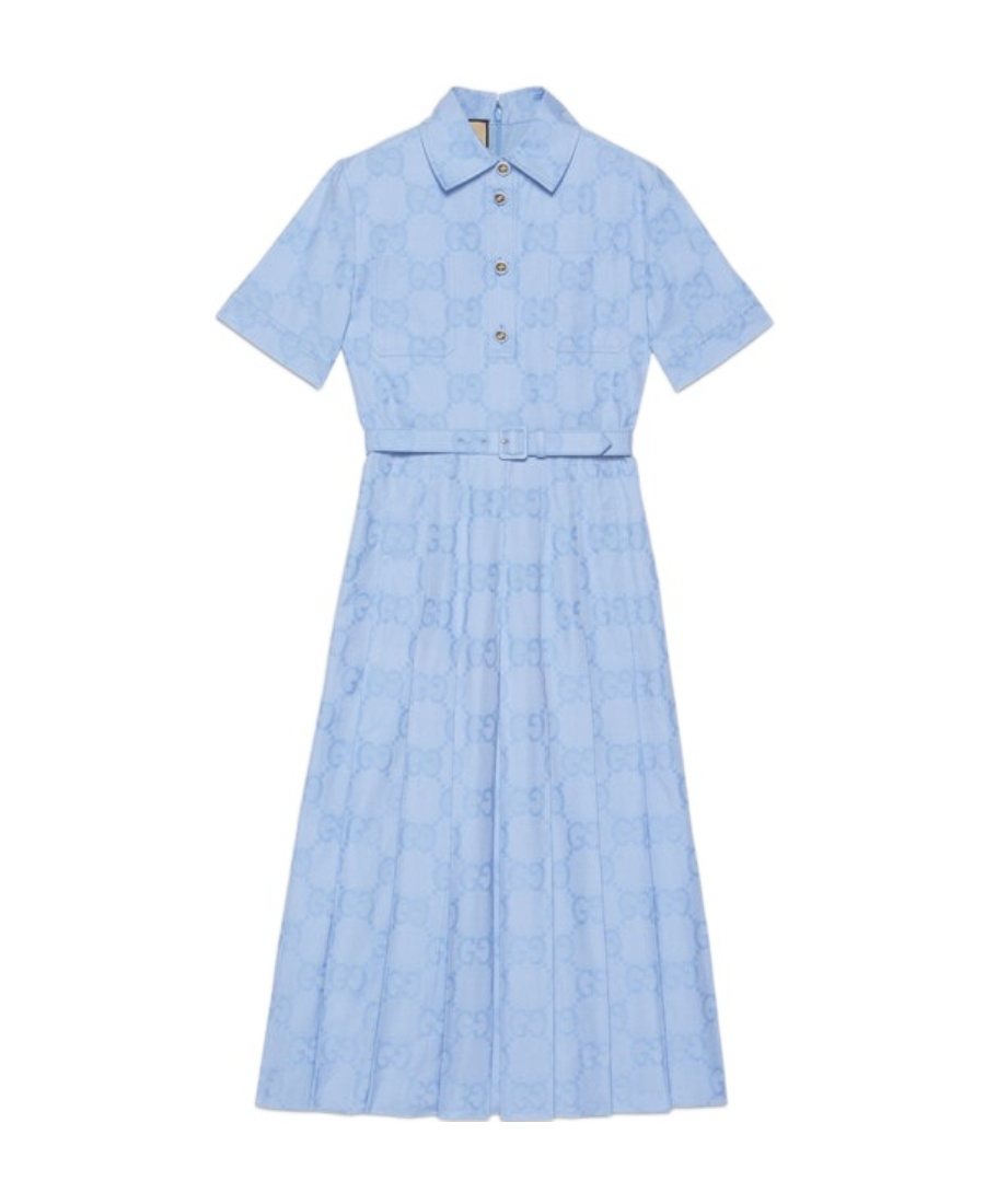 Gucci Belted Pleated Cotton Oxford-jacquard Midi Dress In Gold