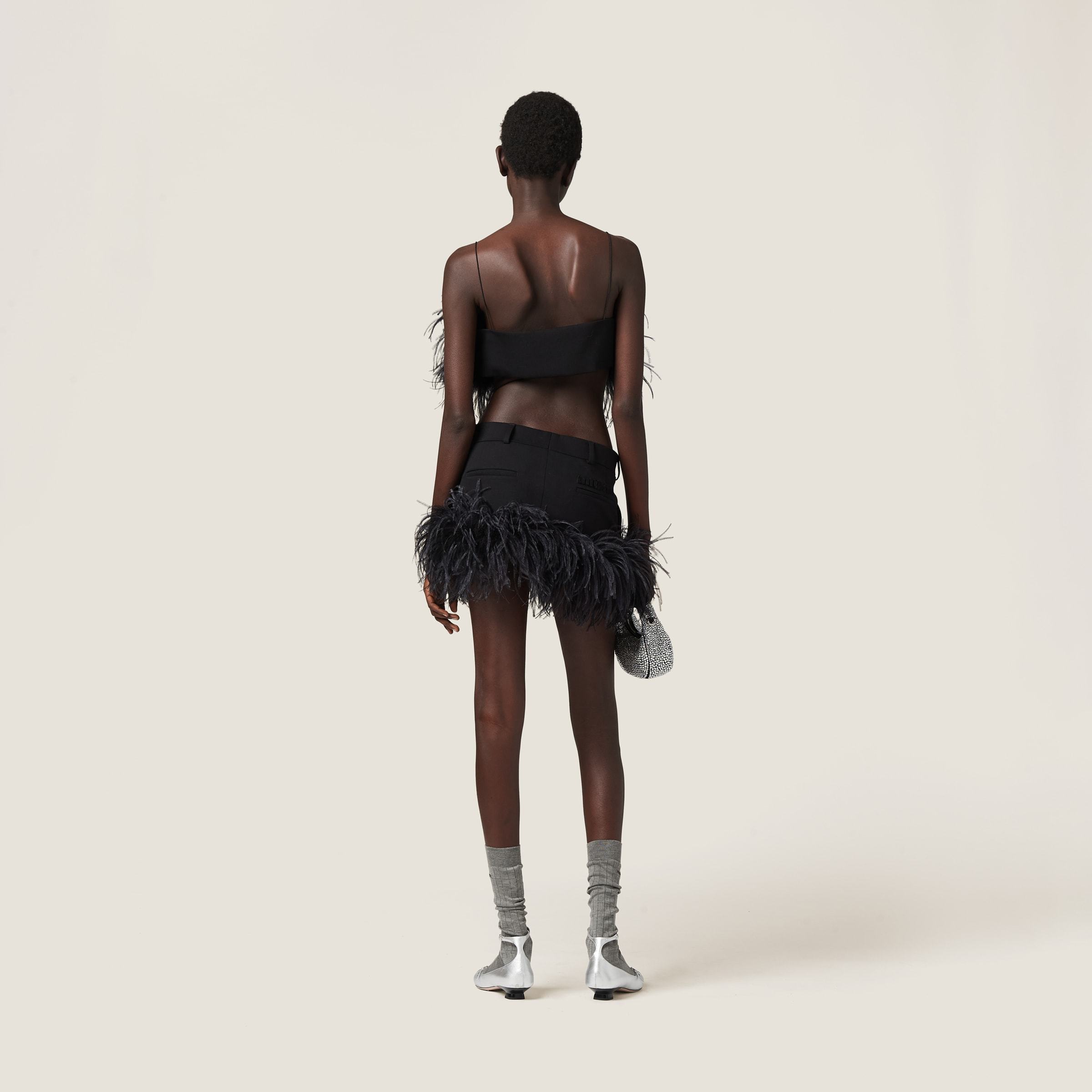 Miu Miu Feather-trimmed Grain De Poudre Miniskirt In Black