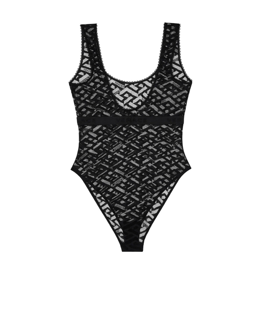 Versace La Greca Tulle Bodysuit In Black