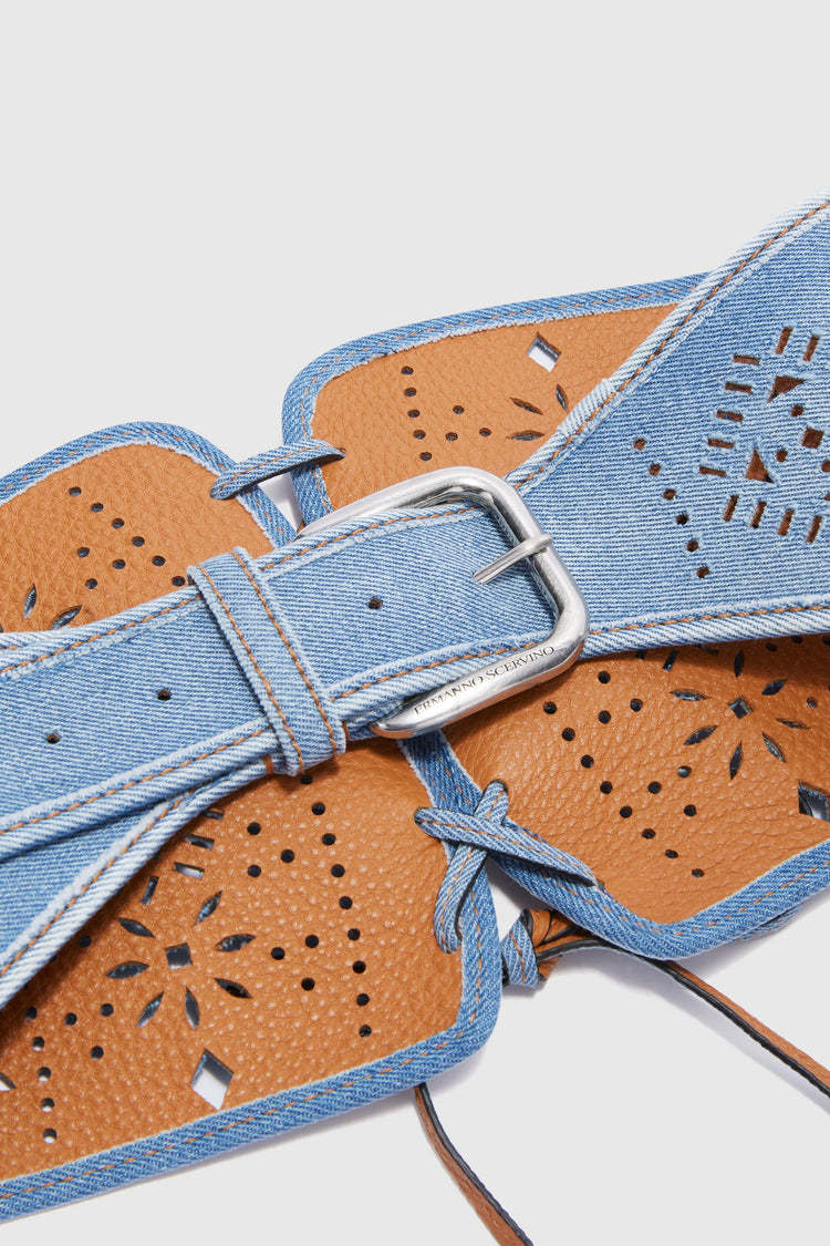 ERMANNO SCERVINO DENIM CORSET WITH LACES AND GEOMETRIC CARVING
