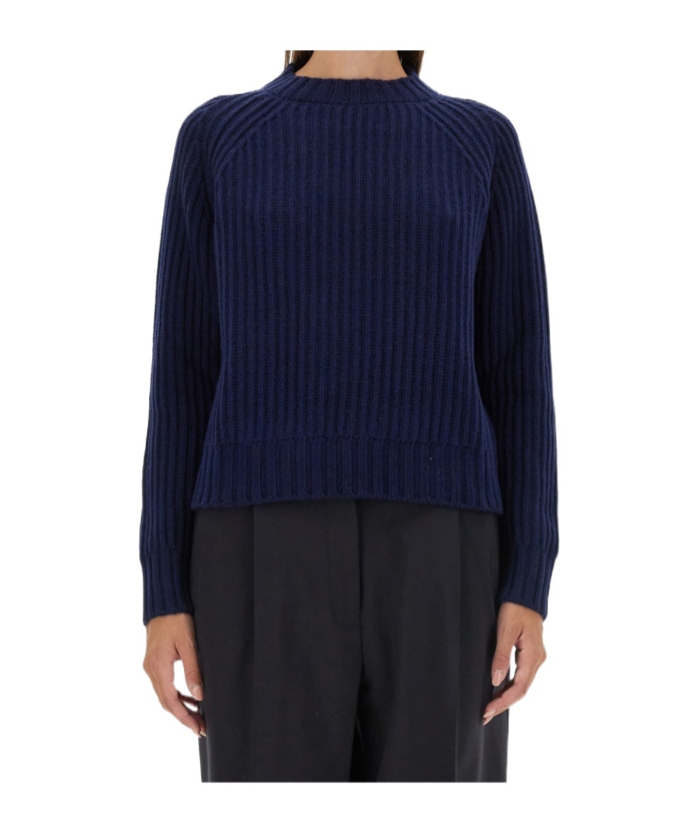 Aspesi Ribbed Wool Jersey With Modern Cropped Silhouette In Blue